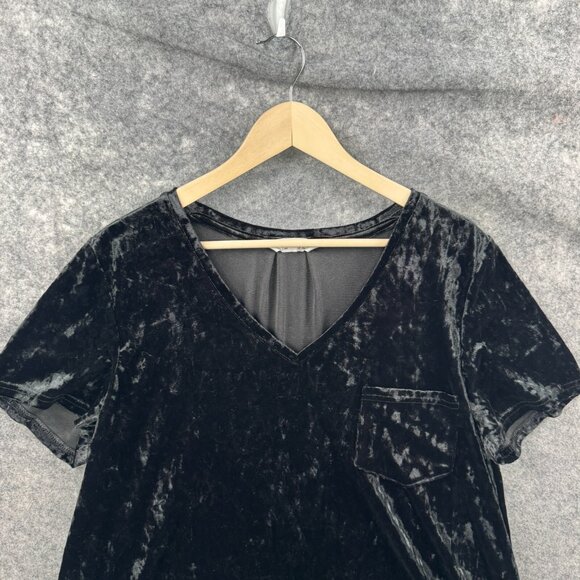 Spring + Mercer Top Womens XL Black Crushed Velvet V Neck Legging Tee Pocket - Picture 4 of 8